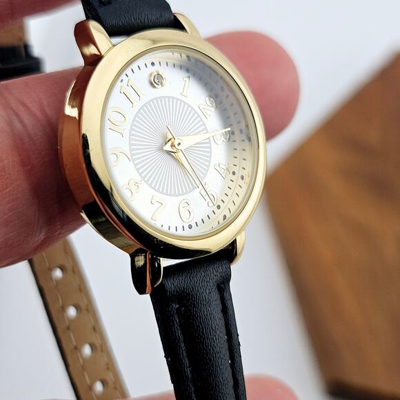 Gold Tone Women's Minimalist Contemporary Watch Black Faux Leather Band Classic - Picture 3 of 6